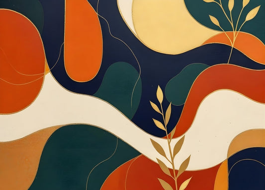 Composition abstraite minimaliste bleu nuit et terracotta, lignes dorées et formes organiques, décoration murale contemporaine pour salon.
