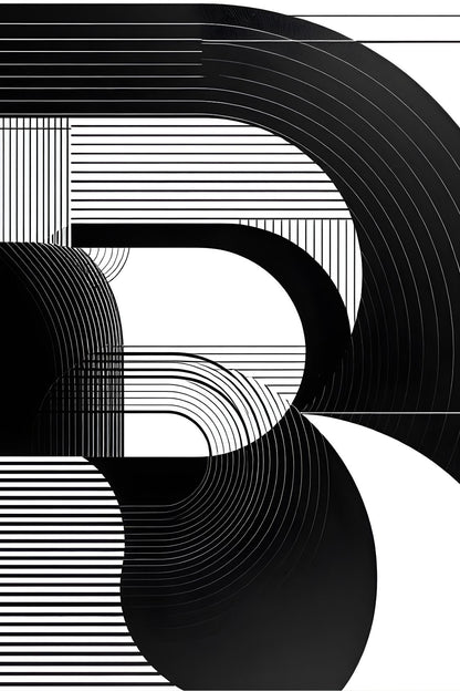 Tableau abstrait noir et blanc aux lignes graphiques et courbes minimalistes
