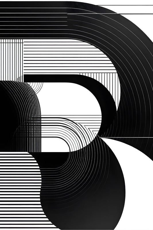 Tableau abstrait noir et blanc aux lignes graphiques et courbes minimalistes
