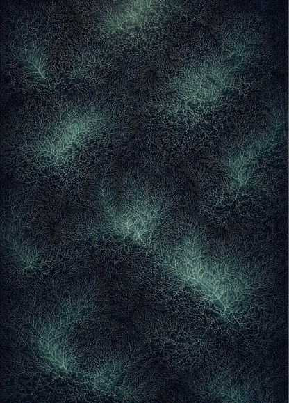 Tableau abstrait bleu nuit avec motifs organiques fins et effet profondeur visuelle immersive
