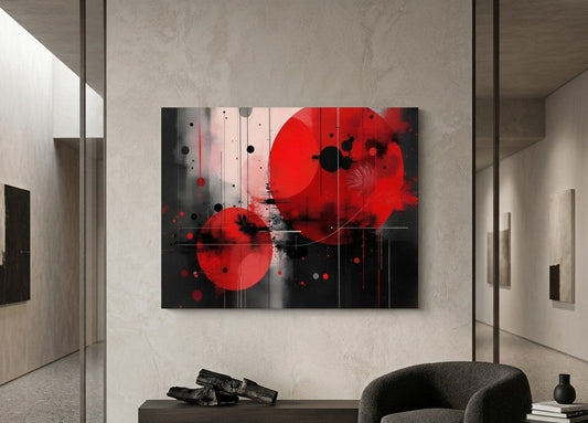 Œuvre abstraite rouge et noir intégrée dans un salon design contemporain création exclusive Iconik-Art
