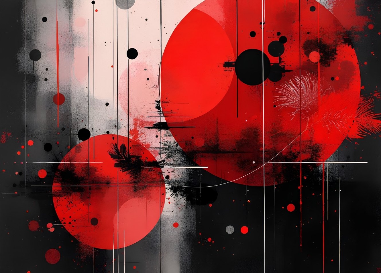 Composition abstraite rouge et noir avec cercles graphiques et lignes fines création exclusive Iconik-Art
