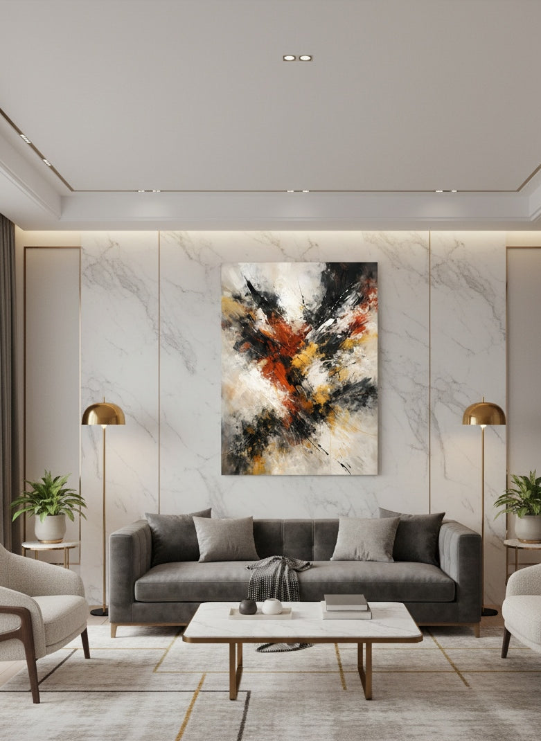 Tableau abstrait terracotta installé dans salon moderne ambiance décoration murale artistique
