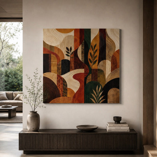 Œuvre abstraite terracotta intégrée dans un salon japandi chaleureux création exclusive Iconik-Art
