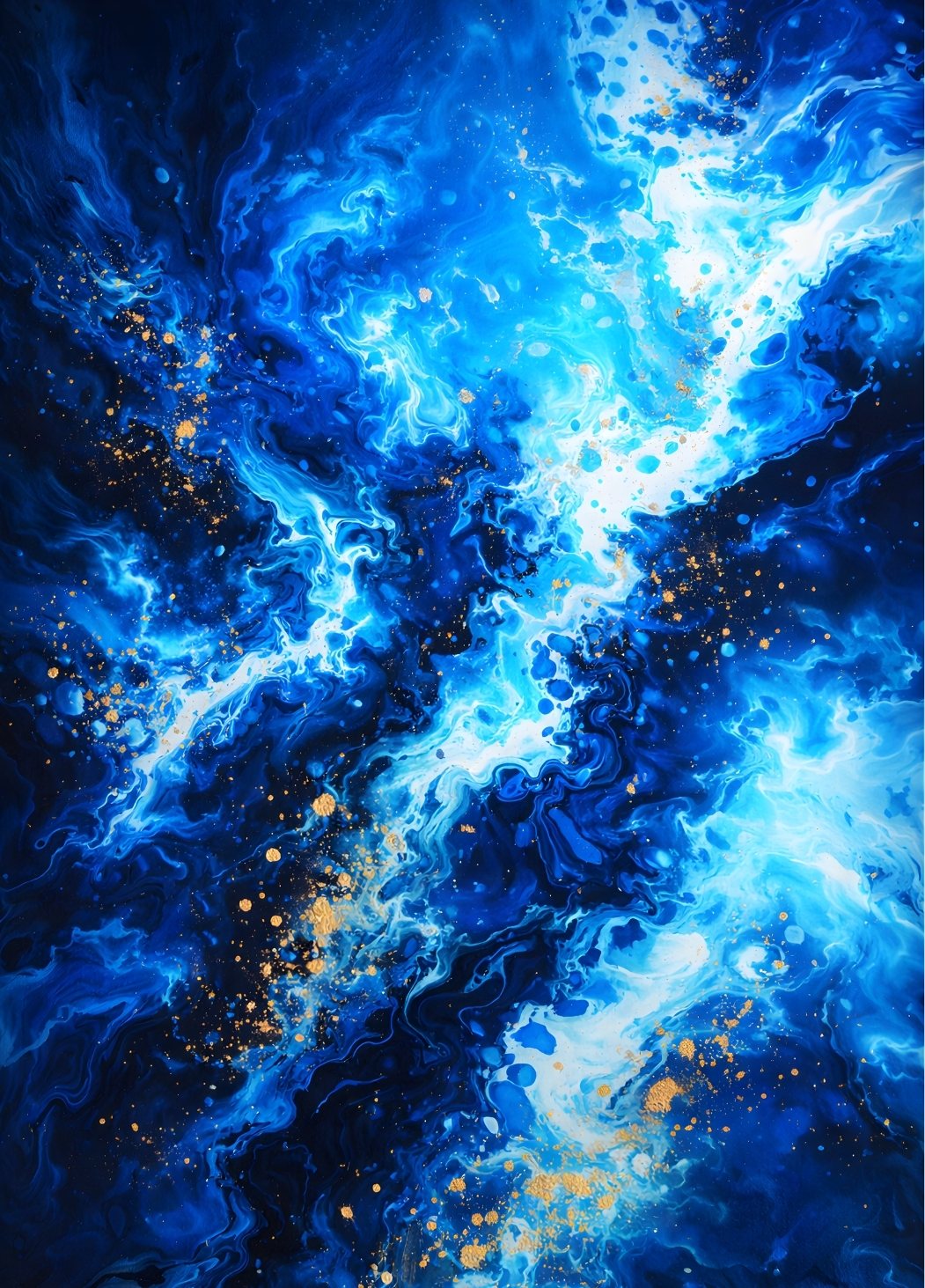 Tableau abstrait bleu profond et éclats dorés pour salon contemporain
