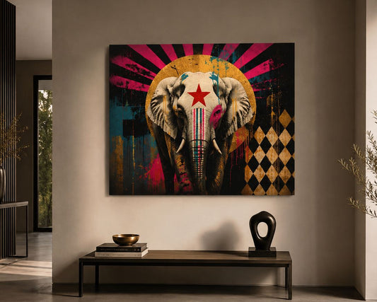 Affiche cirque éléphant colorée au style vintage, avec rayons graphiques, losanges d'arlequin et effets patinés.
