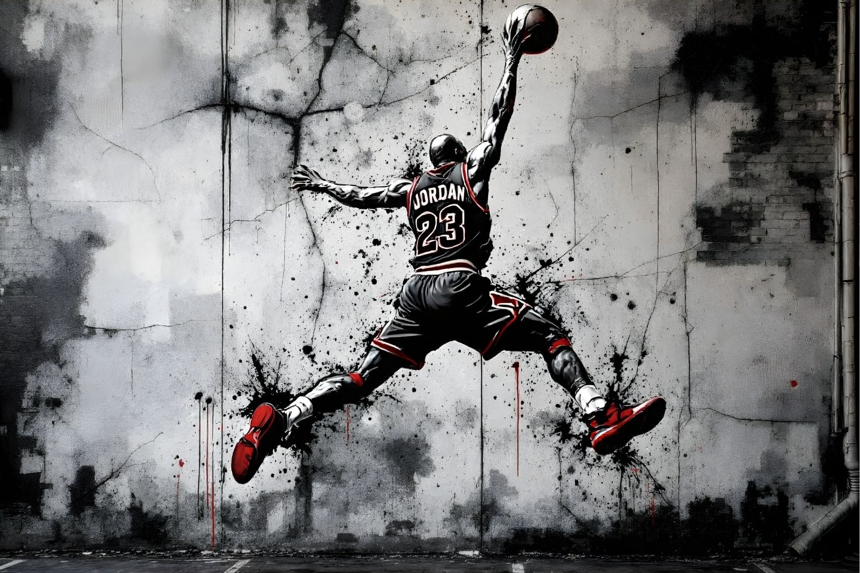 noir et rouge basketball envol mythique silhouette dynamique mur béton graffiti urbain contemporain
