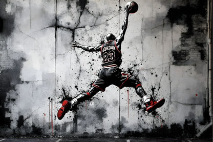 noir et rouge basketball envol mythique silhouette dynamique mur béton graffiti urbain contemporain
