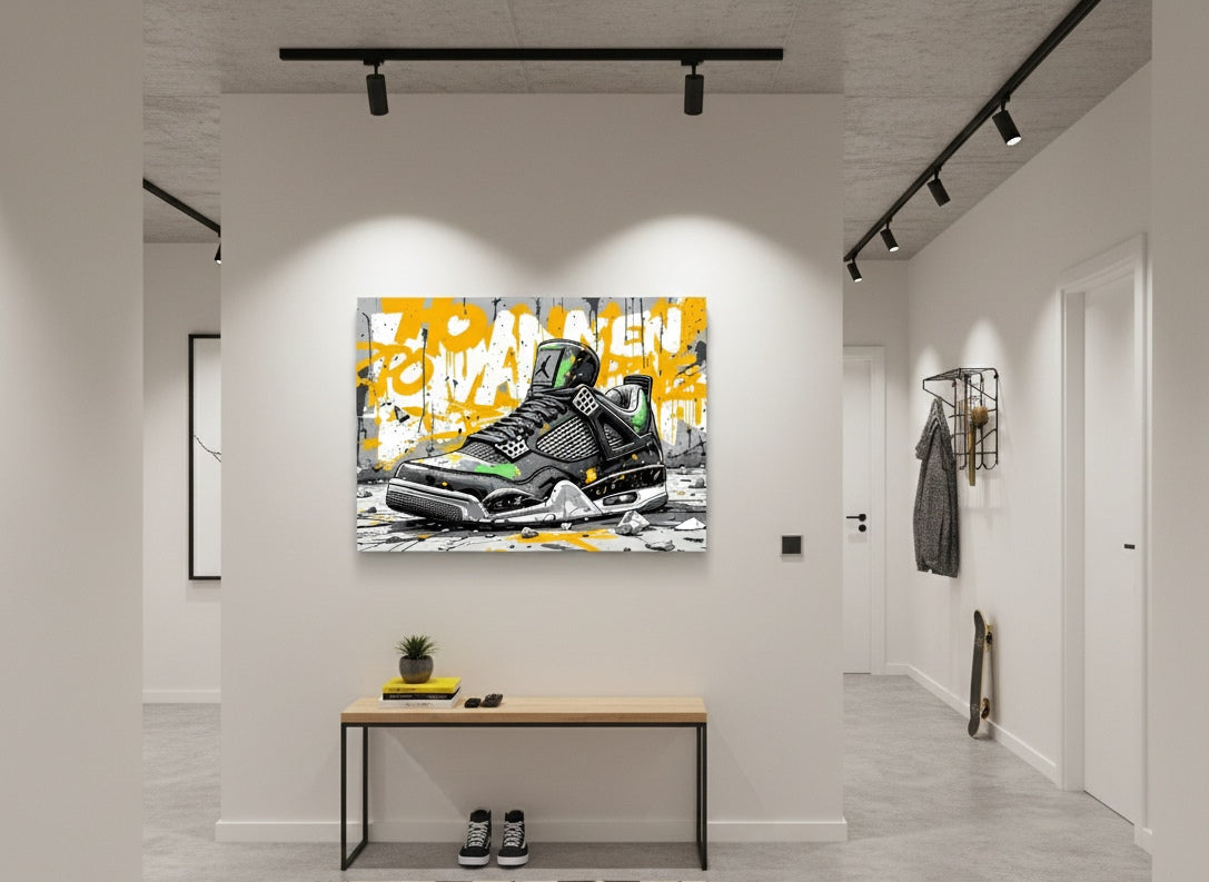 Tableau pop art Air Jordan 4 en situation décorative
