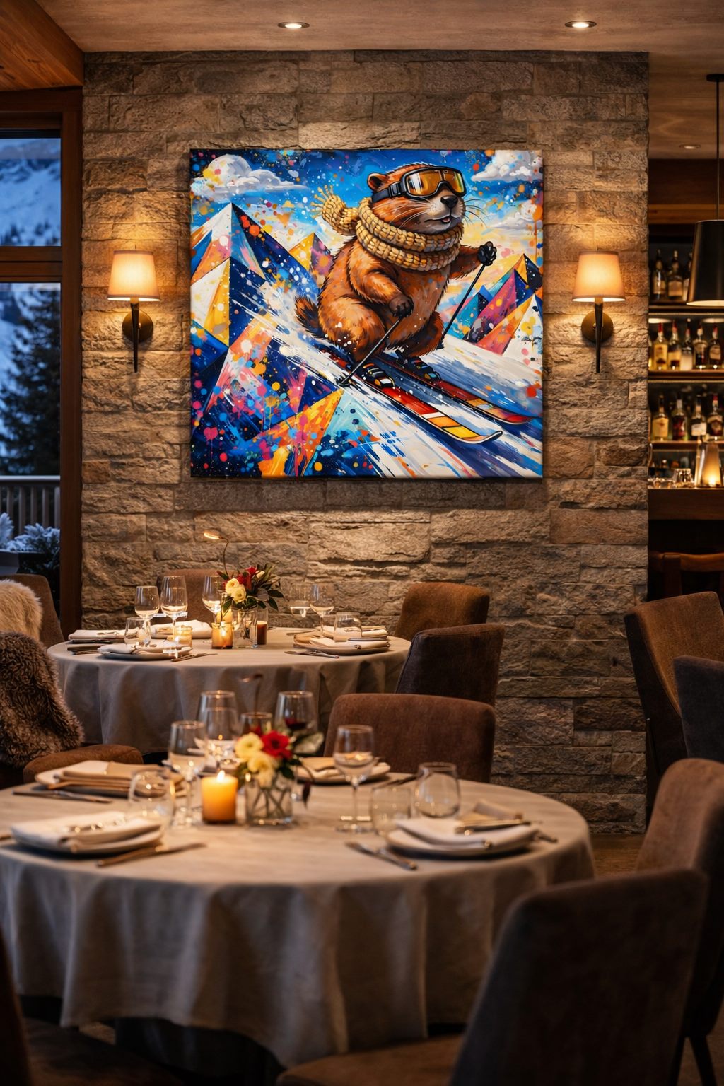 Tableau animal revisité intégré dans un chalet ou intérieur contemporain
