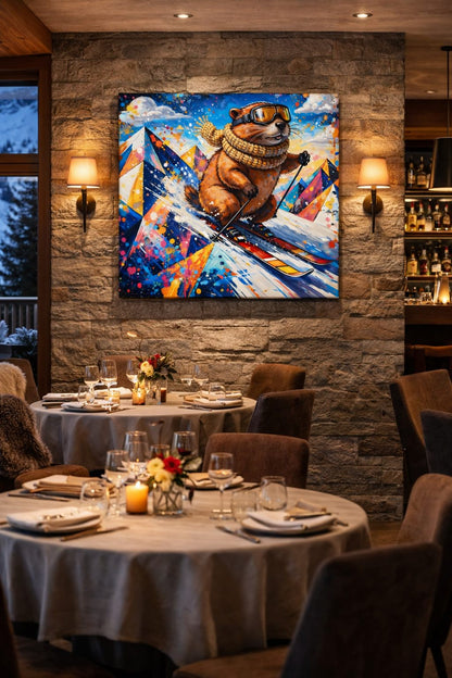 Tableau animal revisité intégré dans un chalet ou intérieur contemporain
