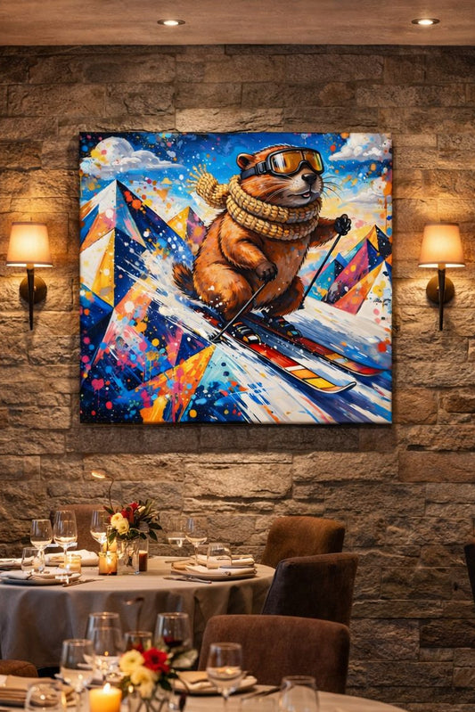 Tableau animal revisité intégré dans un chalet ou intérieur contemporain
