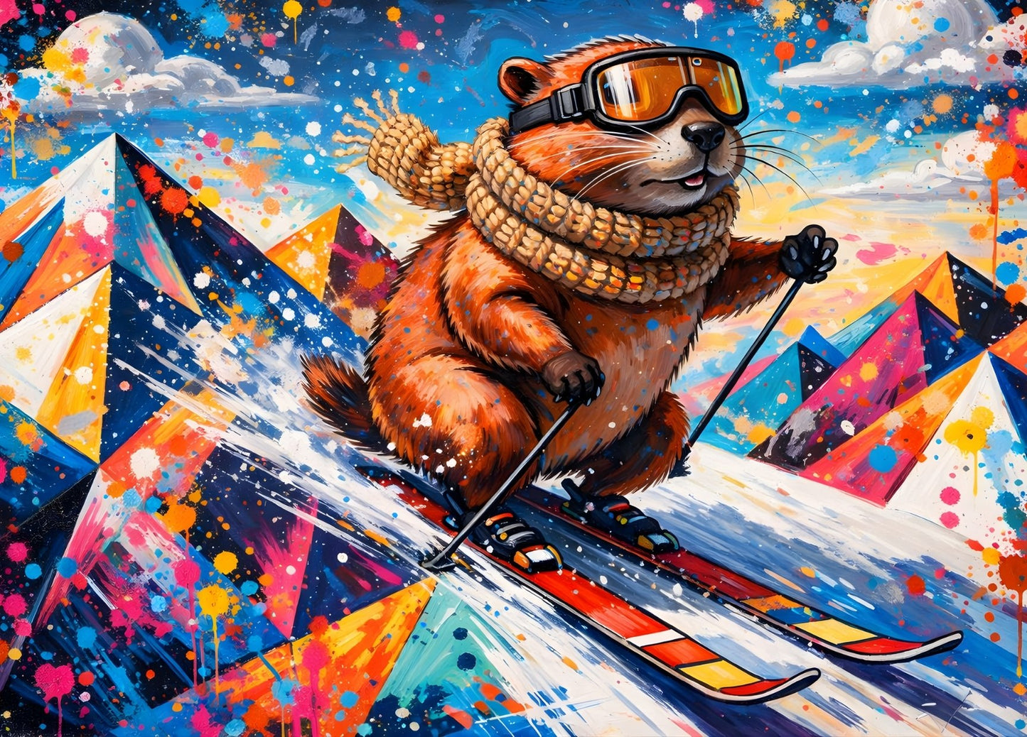 Tableau marmotte skieuse street art en décor alpin coloré
