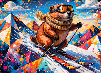 Tableau marmotte skieuse street art en décor alpin coloré
