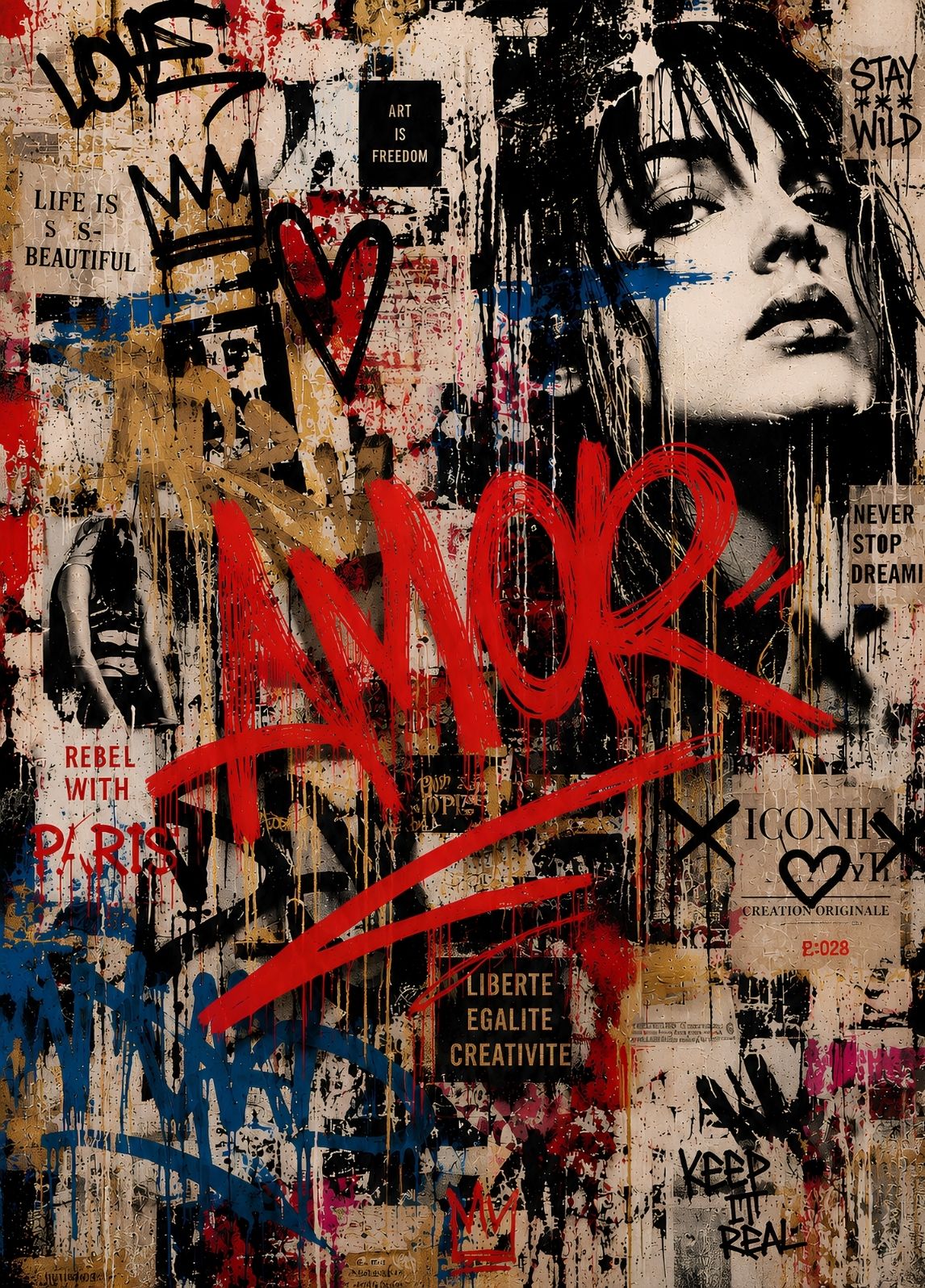 Tableau street art amour avec portrait de femme, grand geste rouge, cœurs et collages urbains sur fond beige et noir

