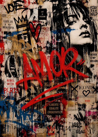 Tableau street art amour avec portrait de femme, grand geste rouge, cœurs et collages urbains sur fond beige et noir
