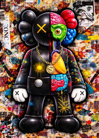 Tableau street art anatomique Kaws avec personnage coupé et détails organiques colorés fond graffiti moderne
