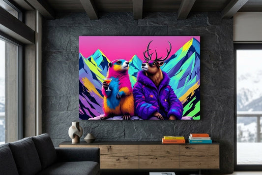 Tableau animaux colorés accroché dans salon moderne ambiance fun et design
