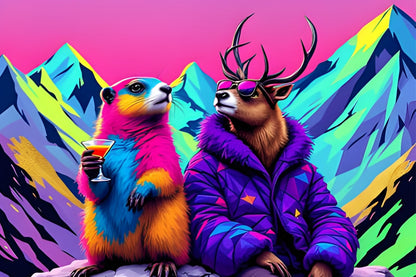Tableau animaux fun montagne style néon couleurs vives ambiance pop art
