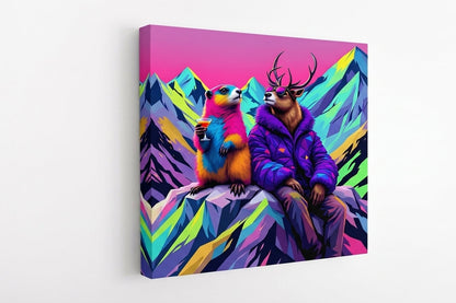 Vue de profil tableau animaux décalés sur toile châssis bois rendu galerie
