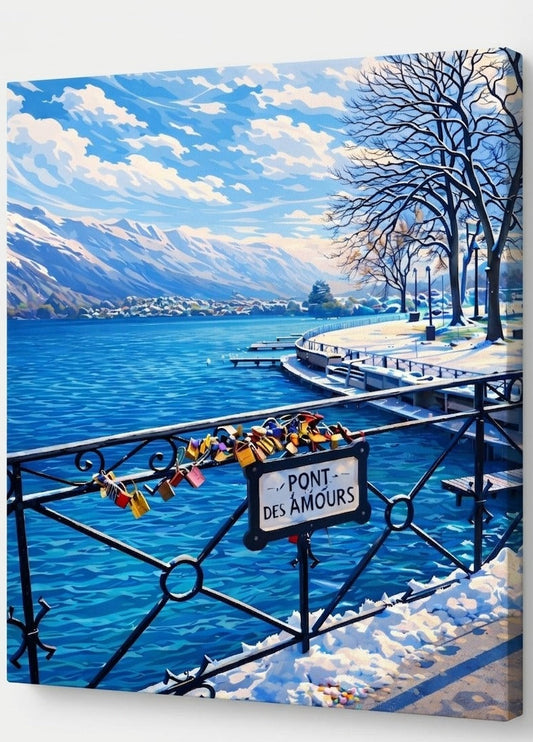 Tableau détail lac montagne Annecy hiver reflets eau et neige haute définition
