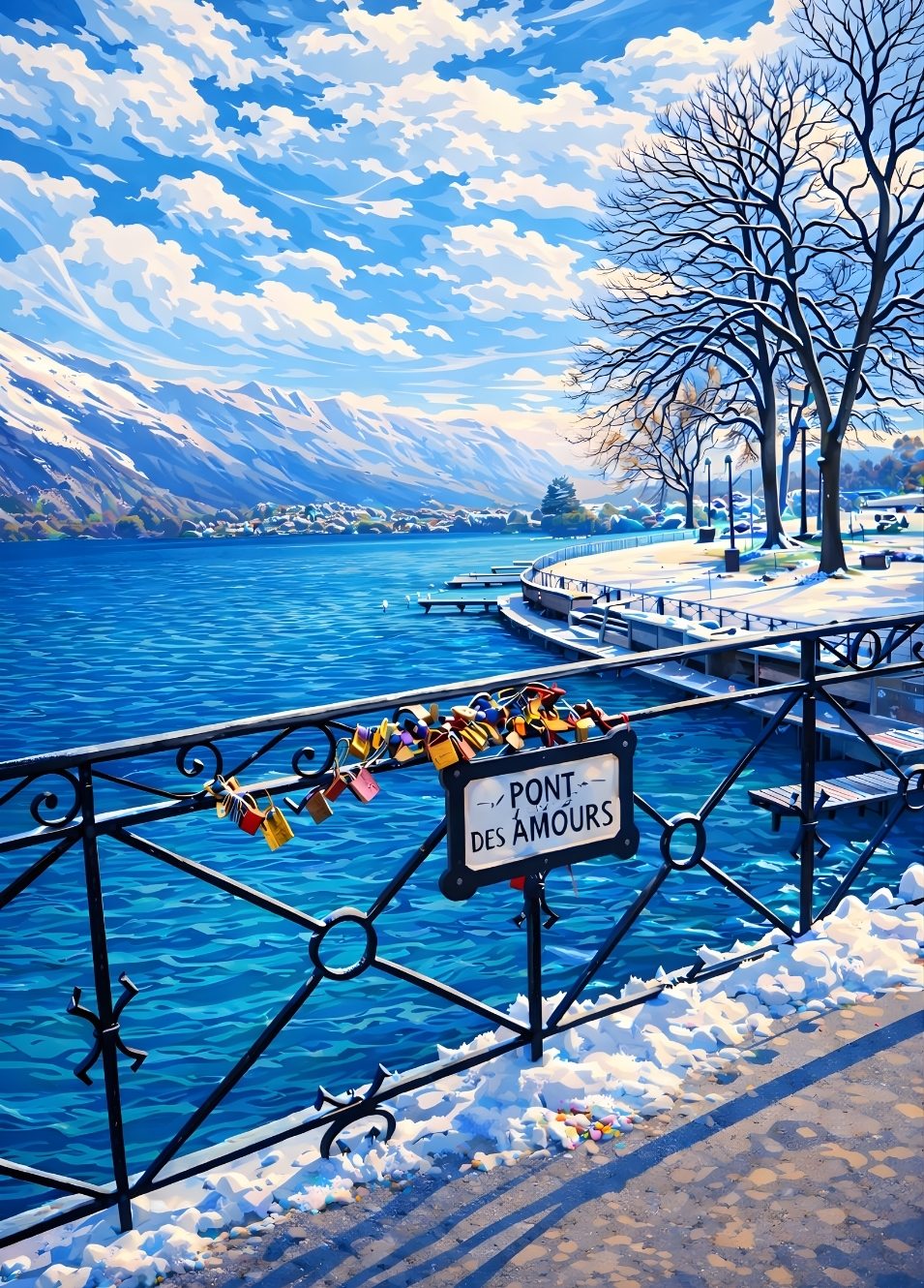Tableau Annecy hiver avec lac turquoise, neige et pont des amours ambiance contemporaine
