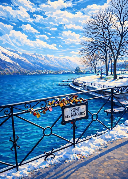 Tableau Annecy hiver avec lac turquoise, neige et pont des amours ambiance contemporaine
