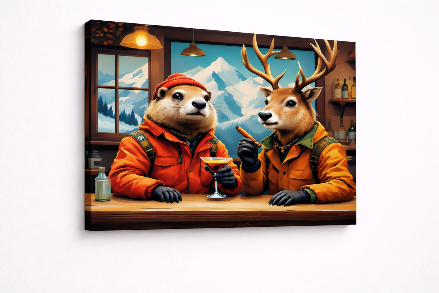 Tableau contemporain design scène chalet montagne animaux anthropomorphes
