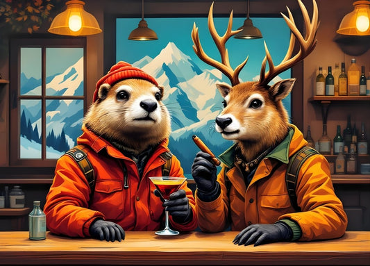 Tableau moderne animaux revisités bar montagne cerf et marmotte style contemporain
