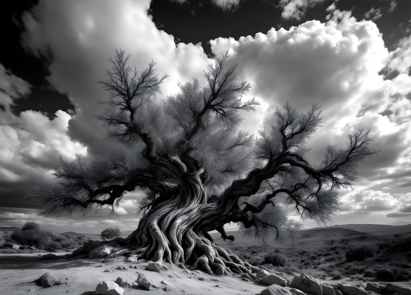 Arbre ancien aux racines tortueuses photographié en noir et blanc
