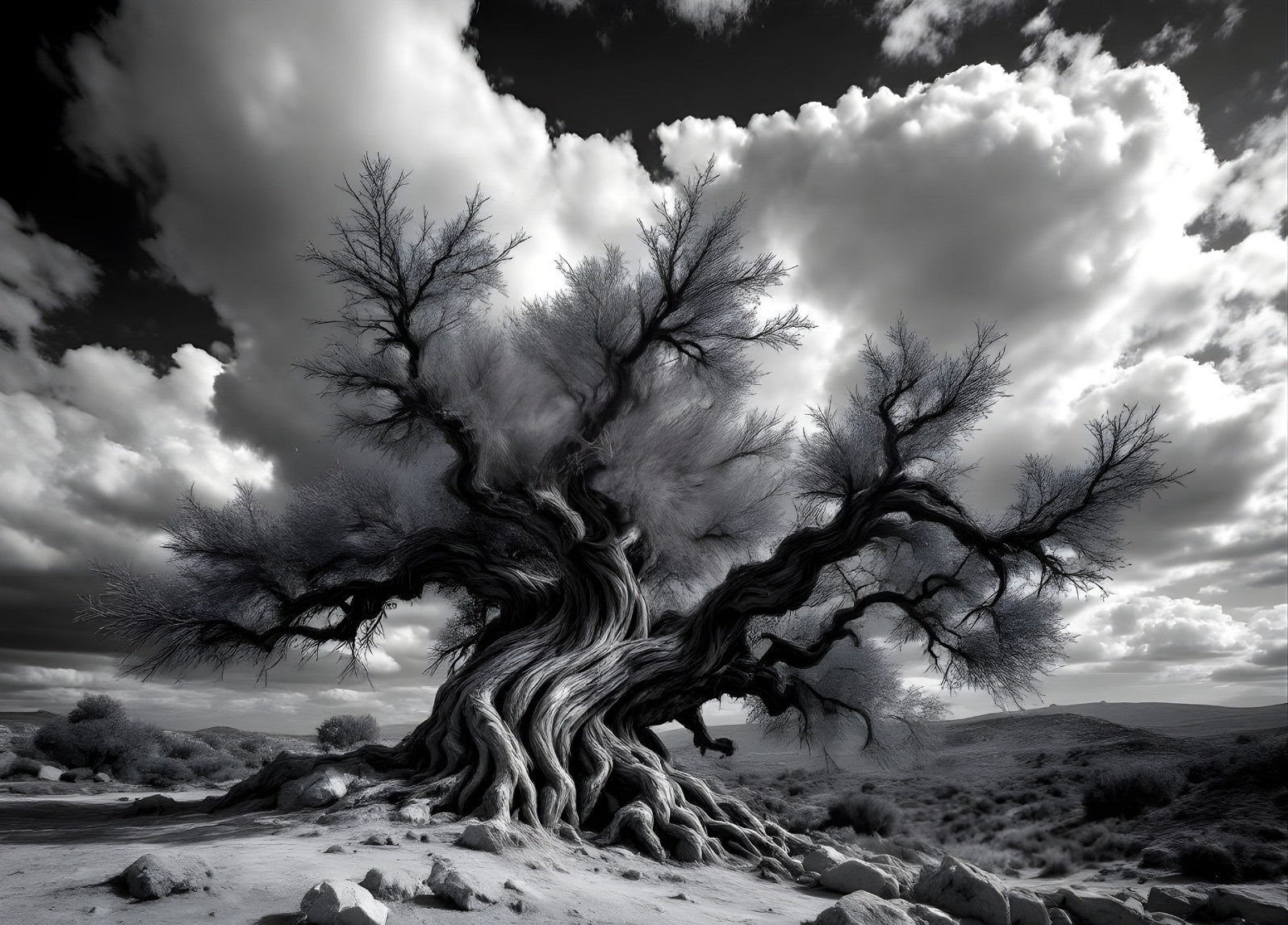 Arbre ancien aux racines tortueuses photographié en noir et blanc
