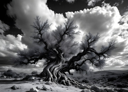Arbre ancien aux racines tortueuses photographié en noir et blanc

