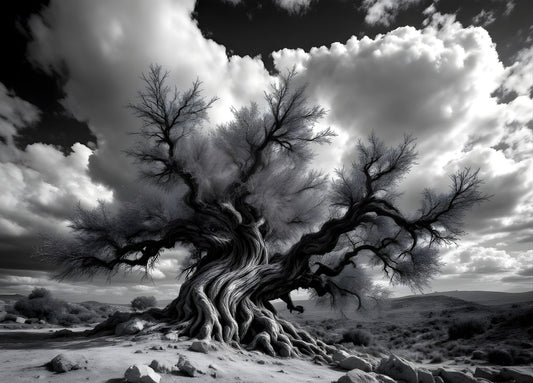 Arbre ancien aux racines tortueuses photographié en noir et blanc
