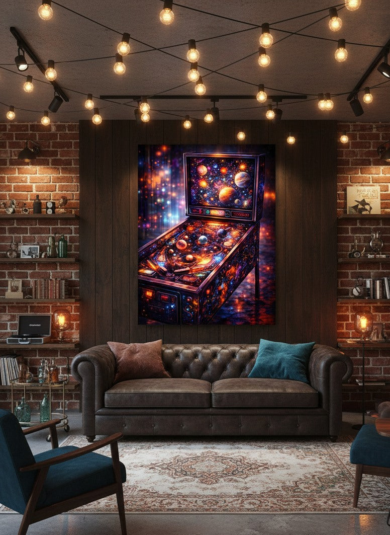 Tableau cyberpunk néon flipper intégré dans un intérieur contemporain
