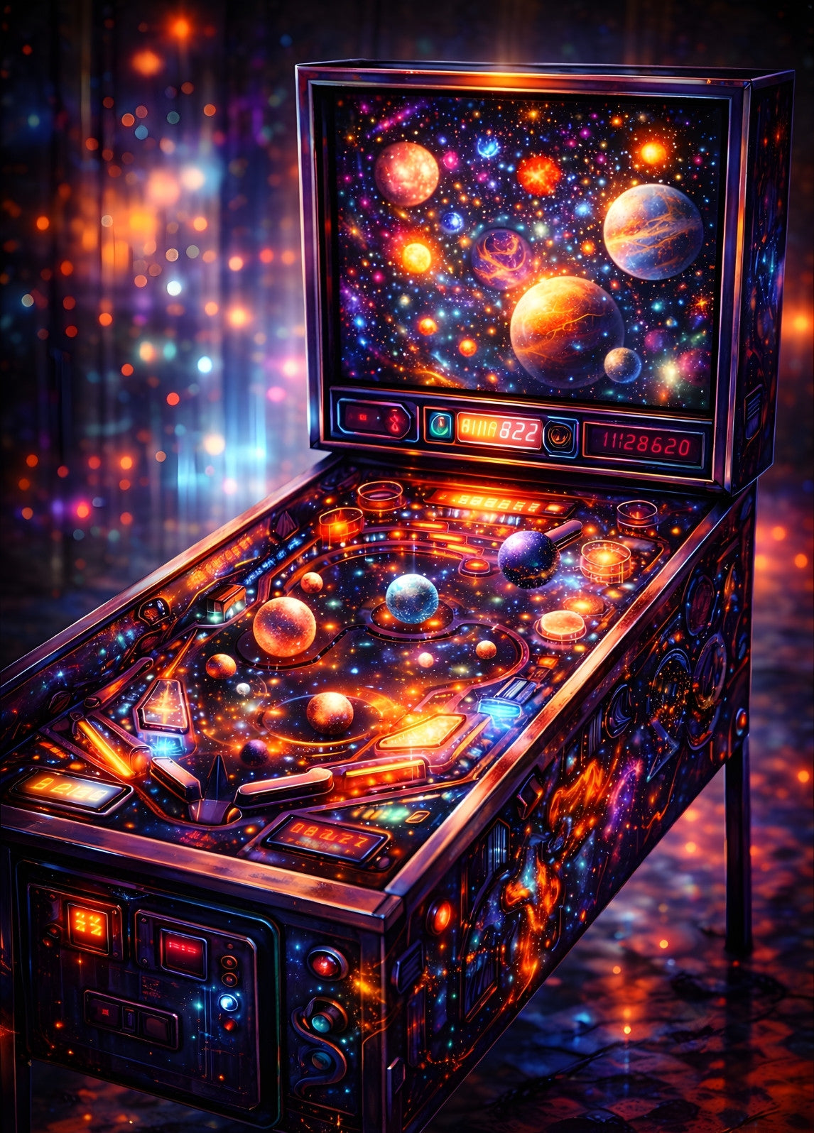 Tableau flipper cyberpunk néon avec planètes et lumières futuristes
