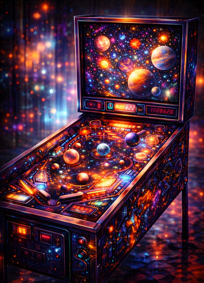 Tableau flipper cyberpunk néon avec planètes et lumières futuristes
