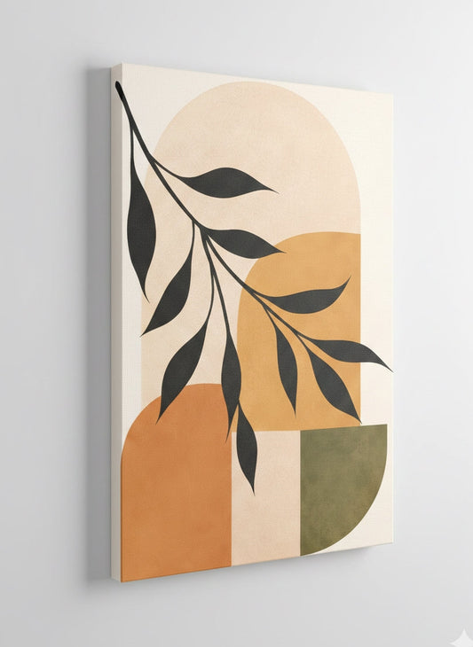 Tableau mural minimaliste aux formes géométriques douces et palette naturelle
