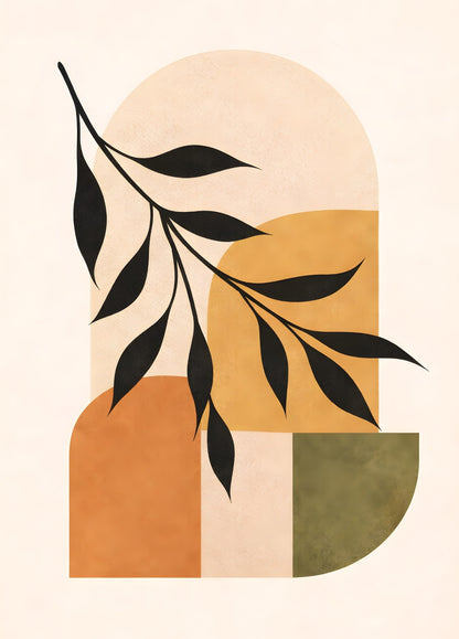 Tableau minimaliste avec arches graphiques et branche végétale noire sur fond beige et terracotta
