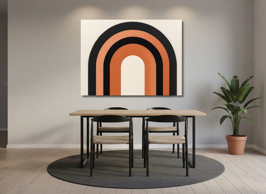 Tableau minimaliste aux tons terracotta représentant une arche graphique accroché au mur