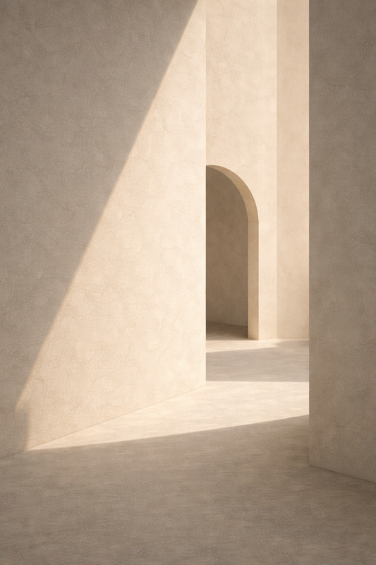 Tableau arche minimaliste beige jeu d’ombre et lumière décoration murale contemporaine ambiance méditative
