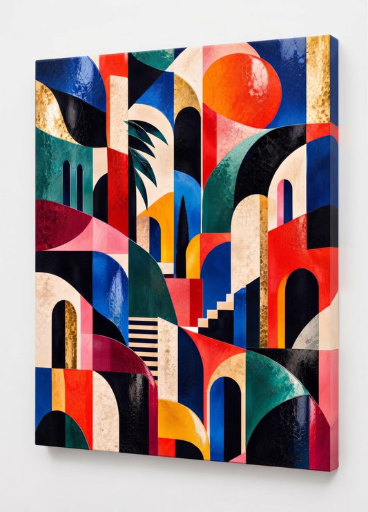 Tableau coloré aux arches et formes architecturales
