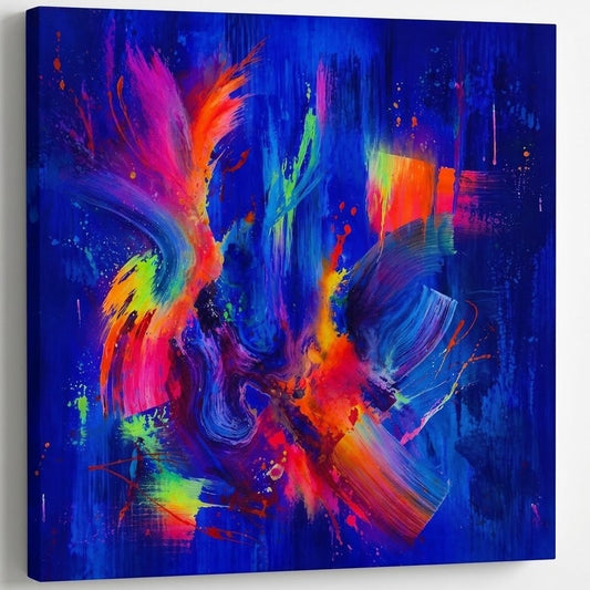 Composition abstraite dynamique avec contrastes de couleurs vives et fond bleu profond
