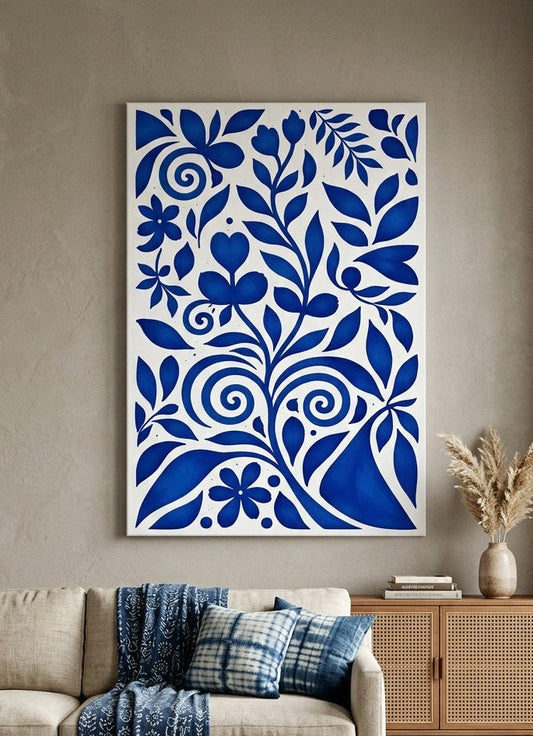 Tableau mural abstrait floral bleu style graphique moderne
