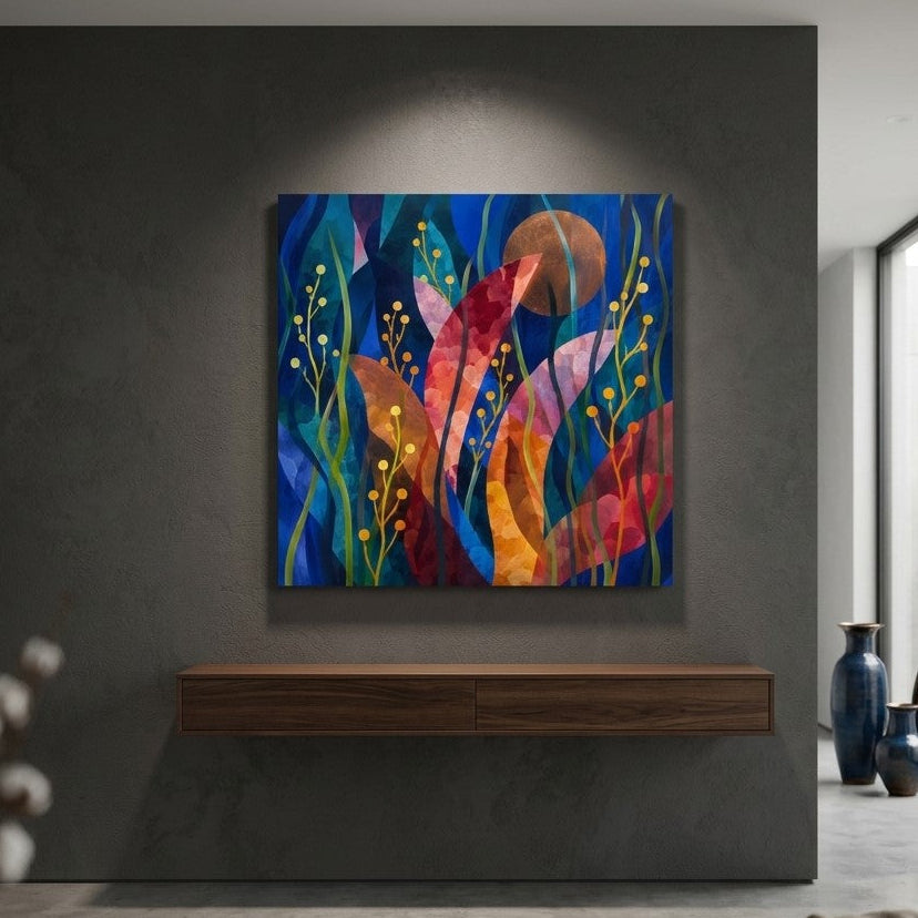 Œuvre contemporaine inspirée de la nature avec palette éclatante et profondeur visuelle élégante
