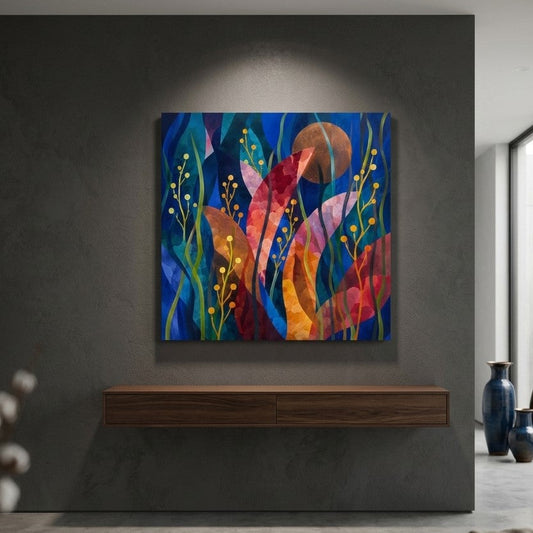 Œuvre contemporaine inspirée de la nature avec palette éclatante et profondeur visuelle élégante
