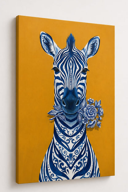 Tableau mural animalier moderne avec motifs floraux bleu cobalt et style décoratif contemporain
