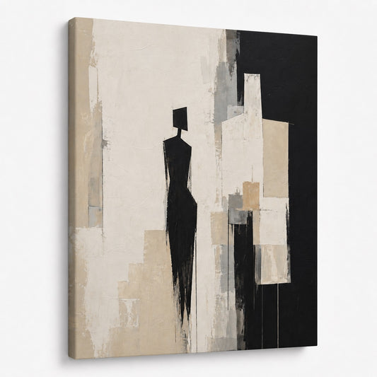 Composition figurative contemporaine avec textures de matière et tons neutres dans un style épuré
