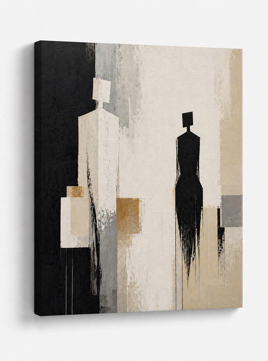 Peinture figurative contemporaine avec effets de matière, textures et coulures dans une composition minimaliste
