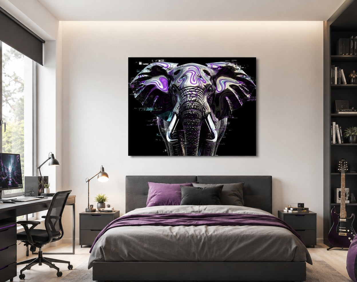 Tableau animalier contemporain mêlant cyber art, technologie et élégance décorative
