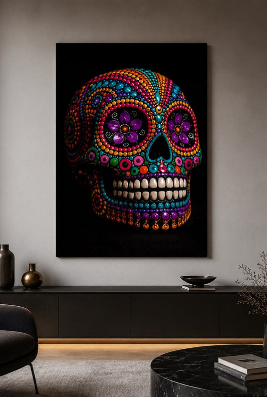 Décoration murale originale associant symbolisme mexicain, figuration contemporaine et palette vibrante
